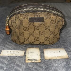 Gucci Tan Monogram Pouch with Bamboo Accent